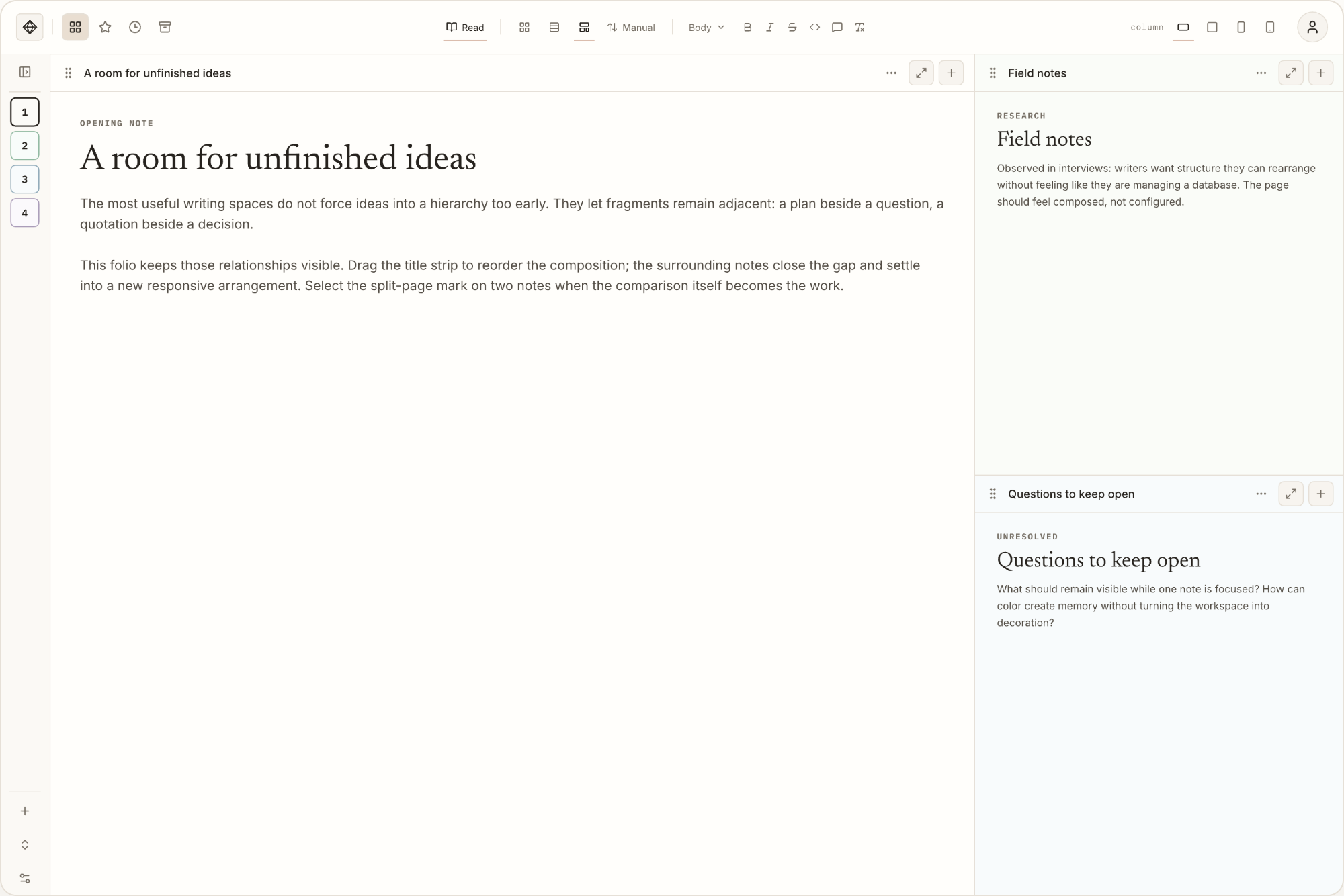 Palladium open on a desktop: a narrow rail of workspaces on the left, one note expanded for writing, and two more notes tiled beside it.
