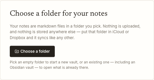 The first screen: a panel headed &ldquo;Choose a folder for your notes&rdquo; with a Choose a folder button.