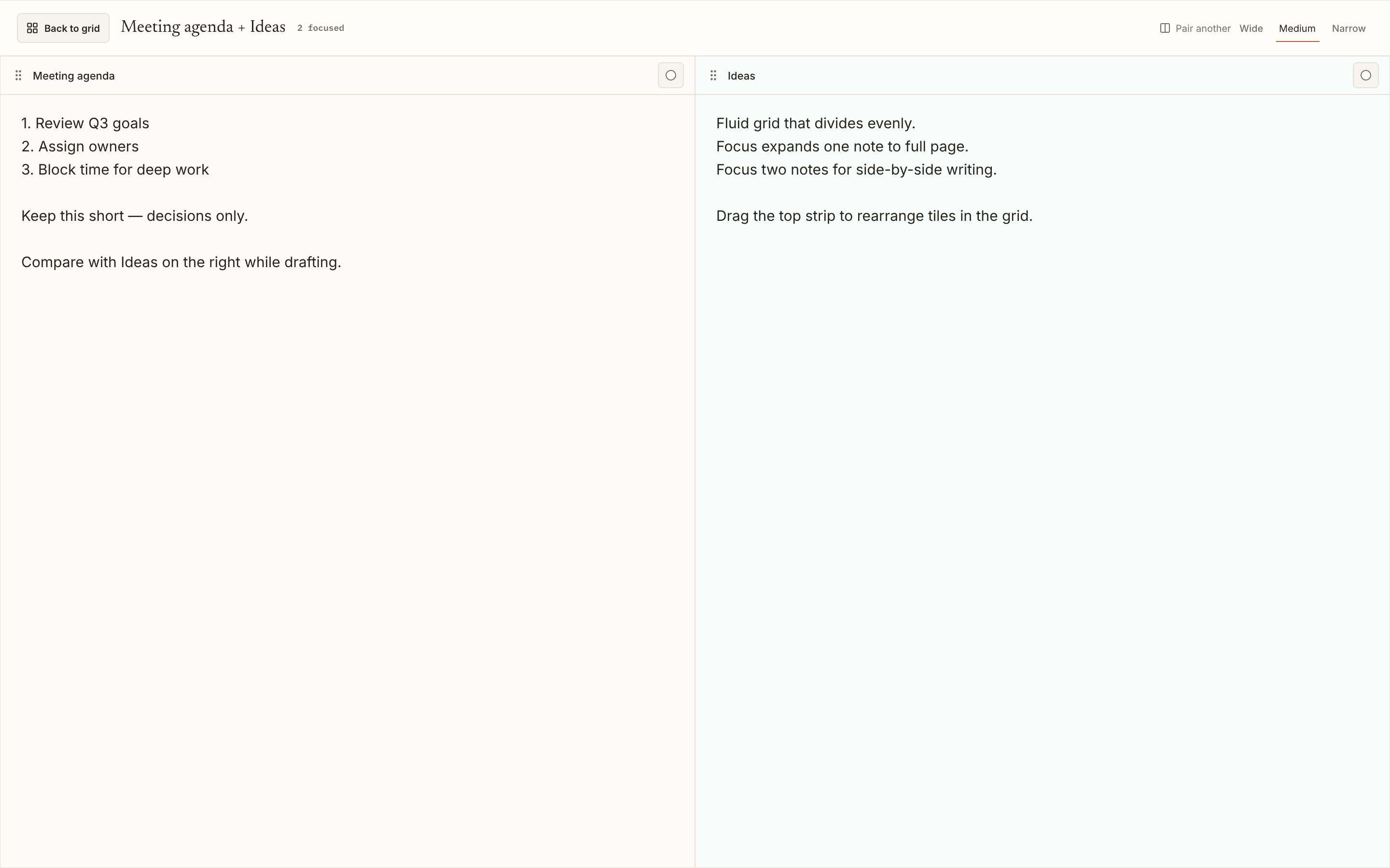 Two notes open at once in a split view: a short reflection on the left, a quotation on the right.