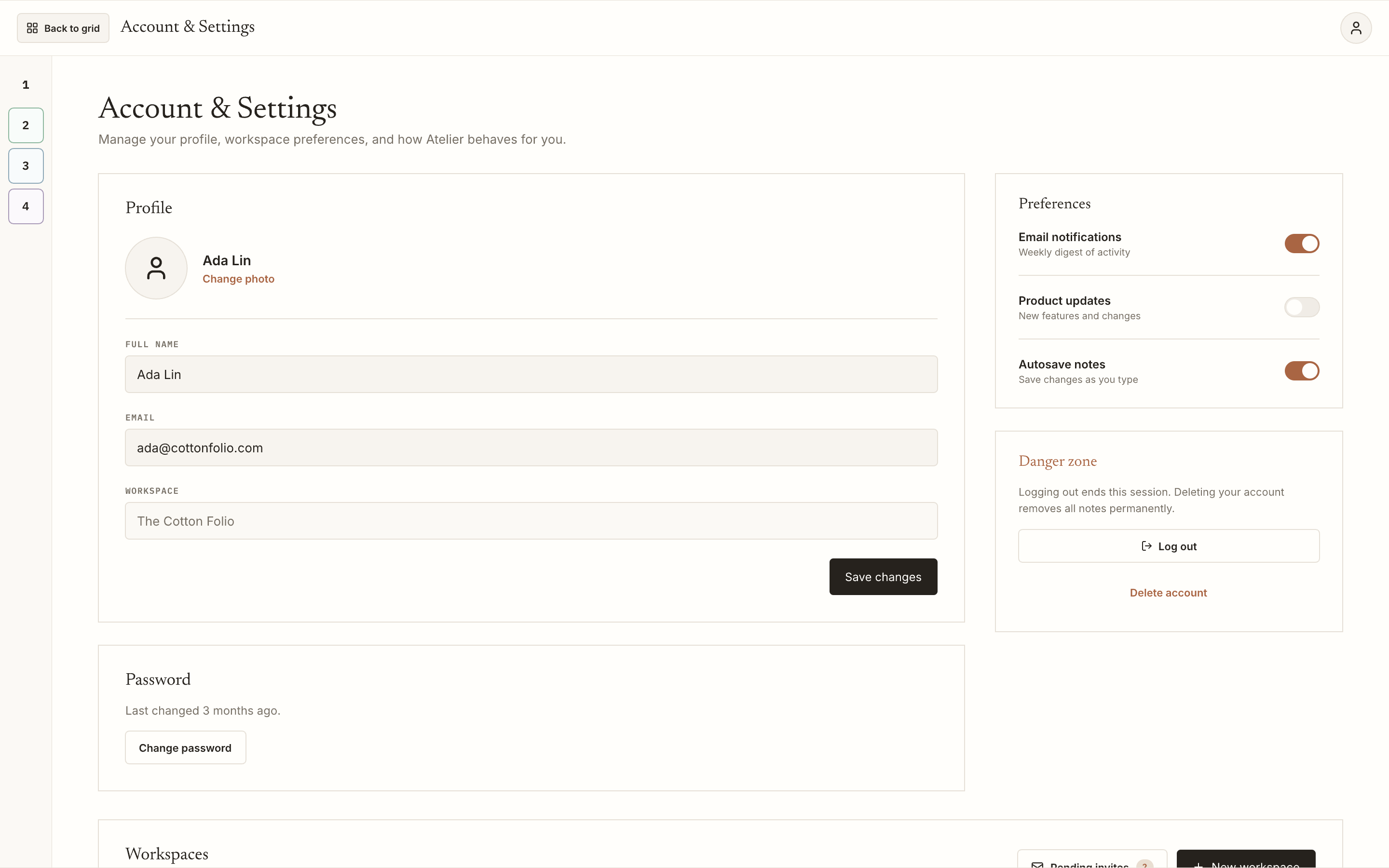 The Settings page: an Appearance card with theme controls, a Preferences card with toggles, and a table of workspaces.