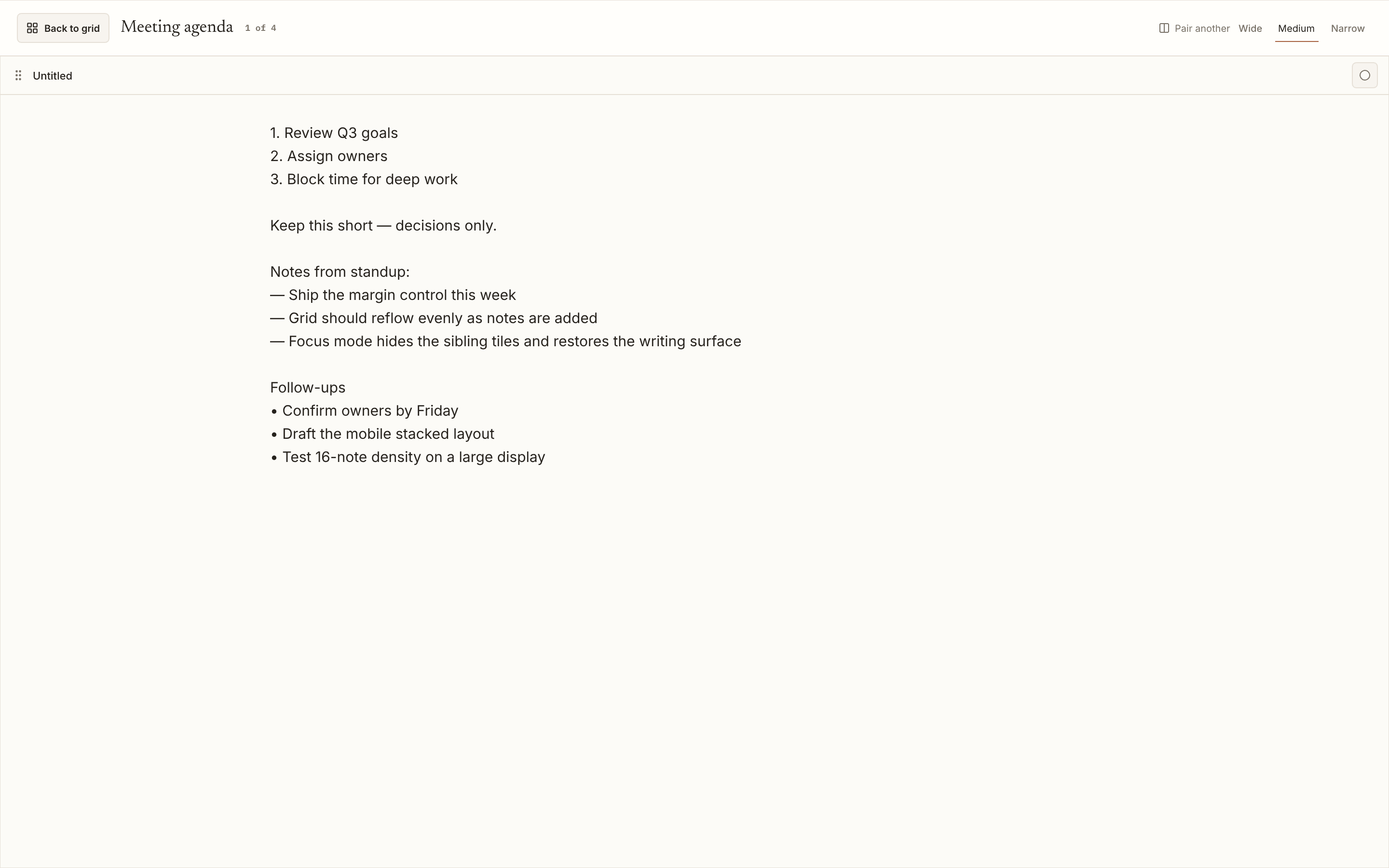 A single note open for writing, with a heading, bold lead-in and two short lists, in a centred reading column.